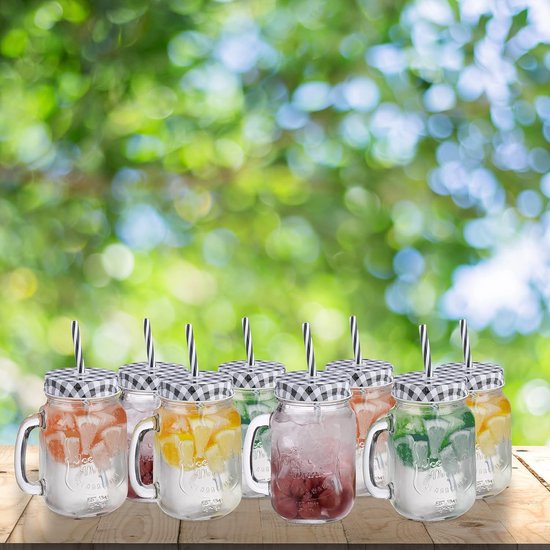 Duscdesp IJskoffiebeker, glazen bekers met deksels en rietjes, drinkglazen met bamboe deksels en glazen rietjes, set van 16oz drinkglazen, voor ijskoffie, cocktail (set van 6 stuks