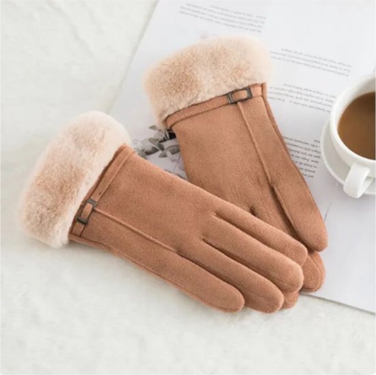 Handschoenen Dames – touchscreen Tip - Fleece en Imitatie suede - Kaki - One size