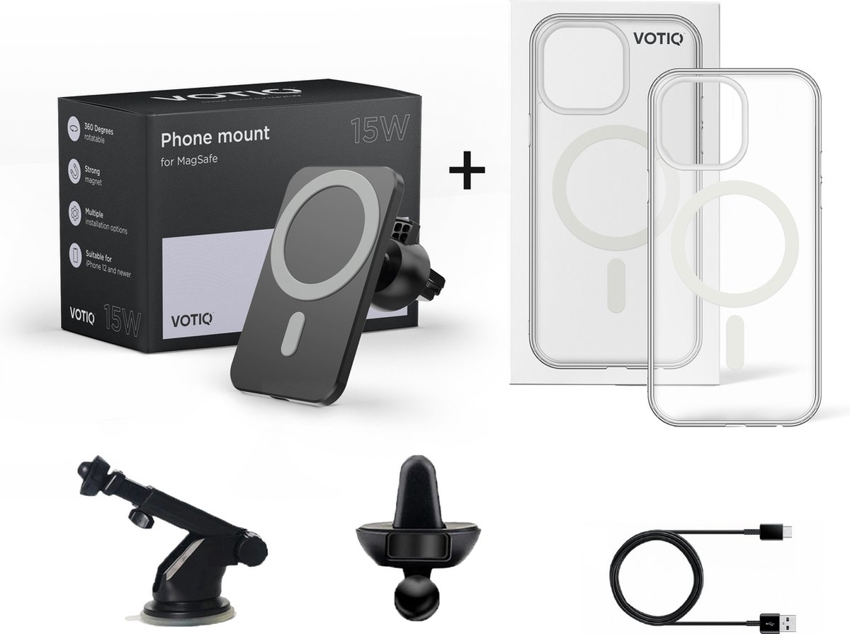 VOTIQ® Autohouder geschikt voor MagSafe + Telefoonhoesje geschikt voor iPhone 14 PRO - 14/13/12 Draadloze oplader Mini/Max/Pro Apple Telefoonhouders Magnetisch Dashboard Case - Zwart