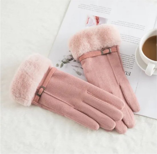 Handschoenen Dames – touchscreen Tip - Fleece en Imitatie suede - Roze - One size
