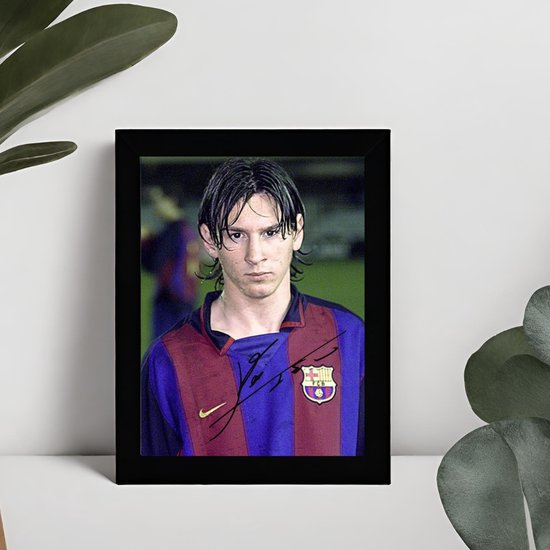 Lionel Messi Art - Signature imprimée - 10 x 15 cm - Dans un cadre Zwart Classique - FC Barcelona - Année Rookie - Inter Miami - Paris Saint Germain - Voetbal - Photo encadrée - Chèvre du football