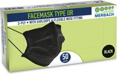 Voordeelverpakking 2 X Merbach mondmasker zwart 3-lgs IIR oorlus 50 stuks