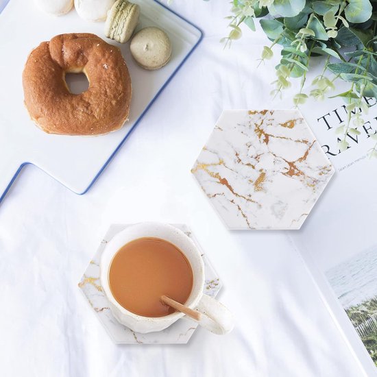 WORHE Marmeren onderzetter voor drankjes Set van 5 zeshoekige onderzetters voor koffie natuurlijk marmeren steen cadeau voor huisopwarming Home Decor Party Hotel White (DL021
