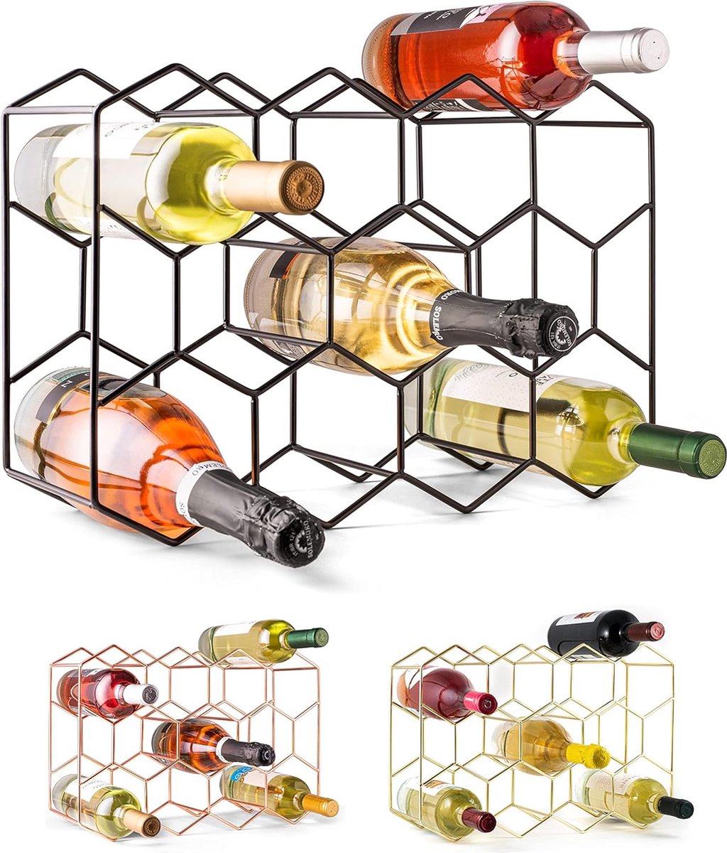 Moderne zwart metalen wijnrek voor aanrecht - 14 flessen - vrijstaand - klein formaat - 3-laags - op tafel/wijnkast - opslag wijnflessen - geen montage Wine Rack