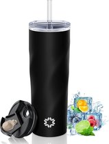 Thermomok met rietje en 2 deksels, 500 ml dubbelwandige roestvrijstalen vacuüm lekvrije geïsoleerde mok automok voor koude warme dranken, BPA-vrij - zwart