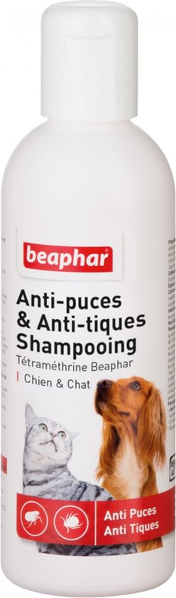 Witte fles Beaphar Anti-vlooien & Anti-teken shampoo met afbeeldingen van een kat en een hond.
