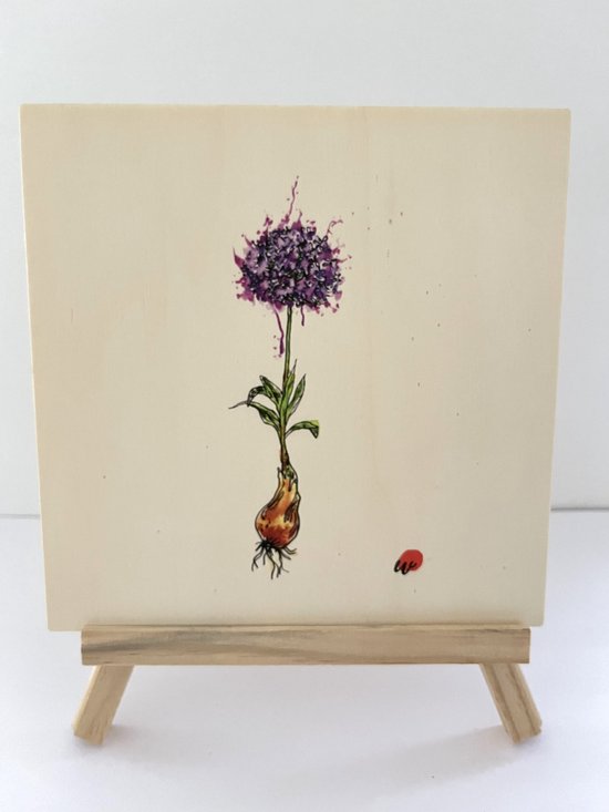 Handmade print op houten tegel incl schilderezel slowflowers knoflook bloem