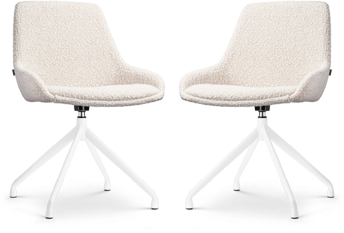 Nolon Nola-Isa Eetkamerstoelen Set van 2 Bouclé Beige - Draaibaar - Stof - Wit Onderstel - Design - Scandinavisch - Comfortabel Bouclé - Beige - Wit onderstel