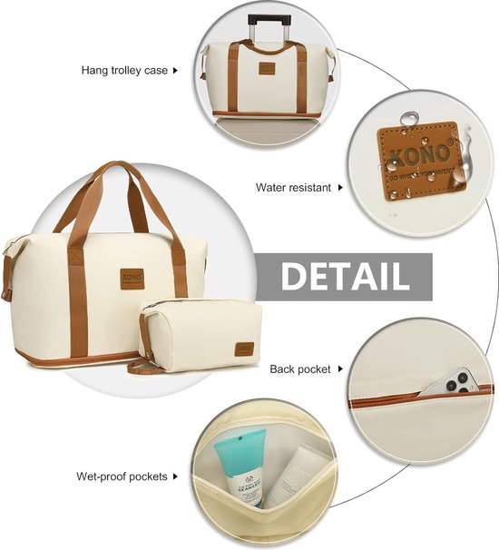 Sac de voyage Kono - Extensible jusqu'à 40 L - Avec pochette Smart pour valise - Imperméable et durable - Beige Marron