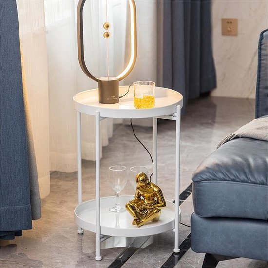 Ronde bijzettafel, 2 niveaus, bijzettafel, metalen dienblad, banktafel, meubelbijzettafel, tuinbijzettafel, diameter 36 x H51,5 cm, salontafel, nachtkastje, voor woonkamer, slaapkamer, kantoor, buiten (wit) — afbeelding 3