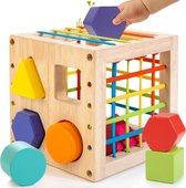 Houten vorm sorteerkubus, Montessori speelgoed voor 1 jaar oud, 8 stuks kleurrijke multisensorische vormen, ontwikkelingsleren speelgoed voor babymeisjes jongens, 1e verjaardagscadeau