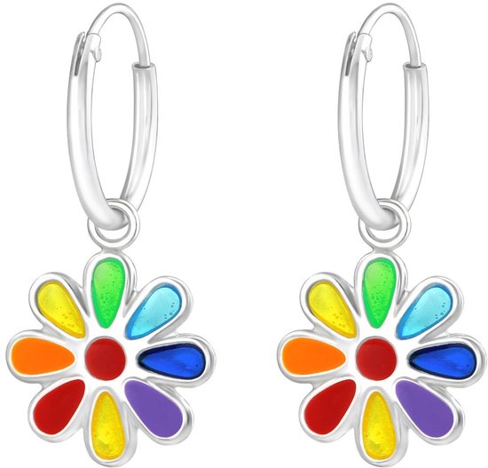 Joy|S - Zilveren bloem bedel oorbellen - oorringen - multicolor