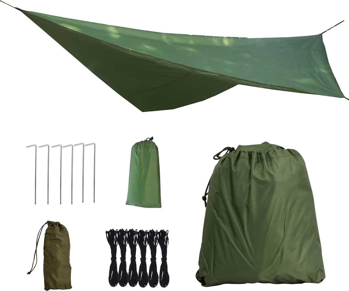 Camping tentzeil, waterdicht, 3 x 3 m, tent-tarp voor hangmat, regenbescherming, zonwering, ultralicht, uv-bescherming, luifel, tent met oogjes, haringen, touwen, voor picknick, reizen, groen