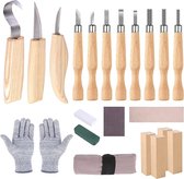Houtsnijgereedschap Set, snijmessen set met slijpstenen, 21-delig met snijbestendige handschoenen, professionele houtsnijmessen, gereedschappen voor volwassenen, kinderen