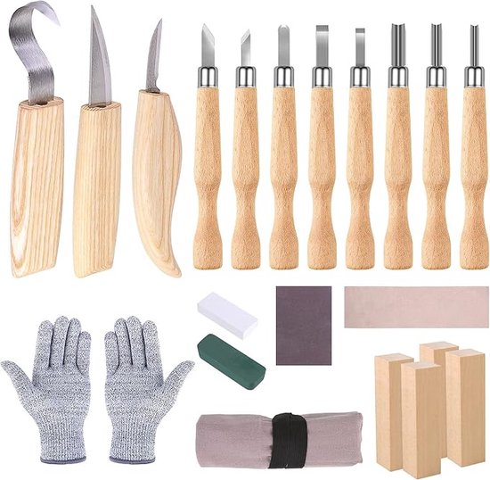 Houtsnijgereedschap Set, snijmessen set met slijpstenen, 21-delig met snijbestendige handschoenen, professionele houtsnijmessen, gereedschappen voor volwassenen, kinderen