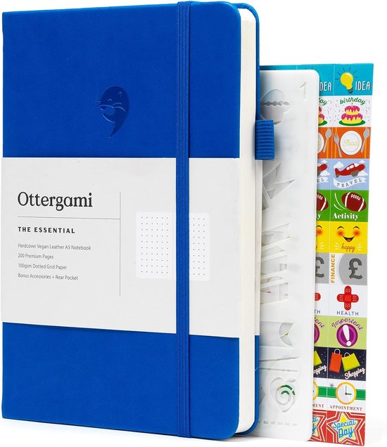 Ottergami Notitieboek A5 - Notebook Journal met Puntjes - Hoogwaardig Dik Papier 100g/m² - 160 pagina’s - Bullet Journal Blauw Dagboek - Vegan Lederen Kaft Blue - Hardcover - Bonus: set van 140 Dagboek Stickers - Back To School