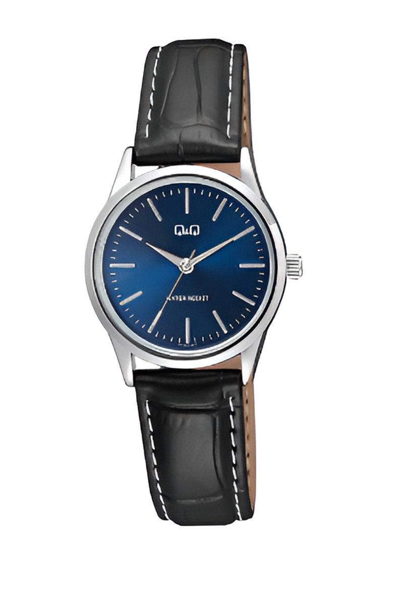 QQ C11A-014PY - Horloge - Analoog - Vrouwen - Dames - Leren band - Rond - Metaal - Blauw- Zilverkleurig - 3 ATM