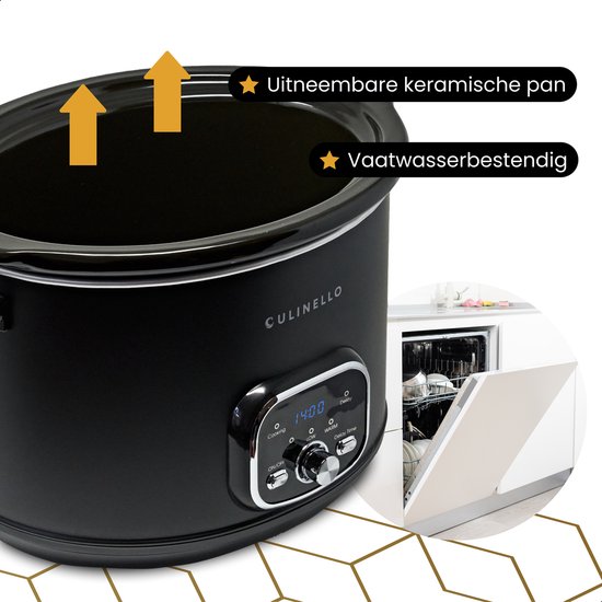 Zwarte Culinello slowcooker met een uitneembare keramische pan. Een afbeelding toont de pan in een vaatwasser.