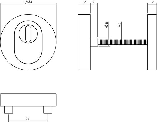 Technische tekening van een rozet met afmetingen: Ø54, 12, 7, 38, 8, M5, 9.
