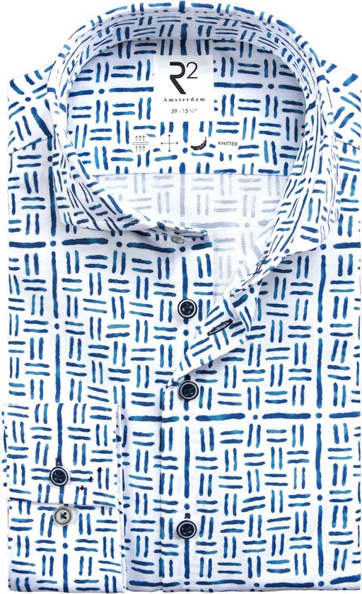 R2 Amsterdam - Overhemd Knitted Print Blauw - Heren - Maat 42 - Modern-fit