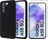 Hoesje geschikt voor Samsung Galaxy A55 - Screenprotector Glas - Mat Back Case Zwart