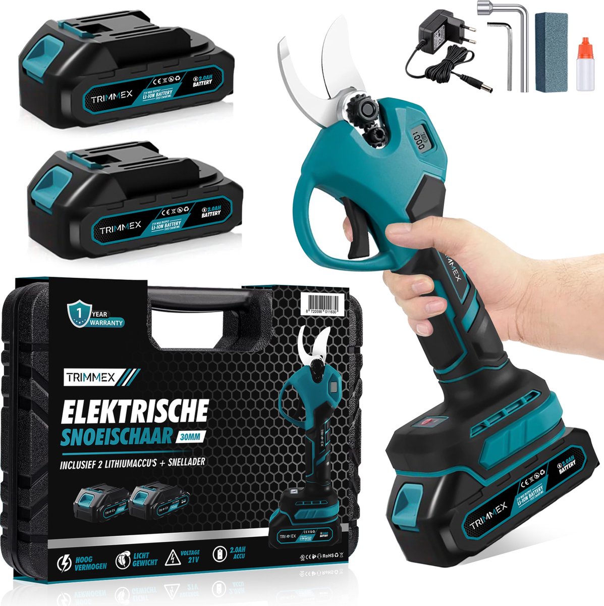 Trimmex Elektrische Snoeischaar 30mm Snijdiameter Accu Snoeischaar Takkenschaar Heggenschaar Incl. olie reservoir slijpsteen Opbergkoffer 2 Accu s Blauw