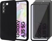 Hoesje geschikt voor Samsung Galaxy A35 - 2x Privacy Screenprotector Volledig Dekkend Glas - Mat Back Case Zwart