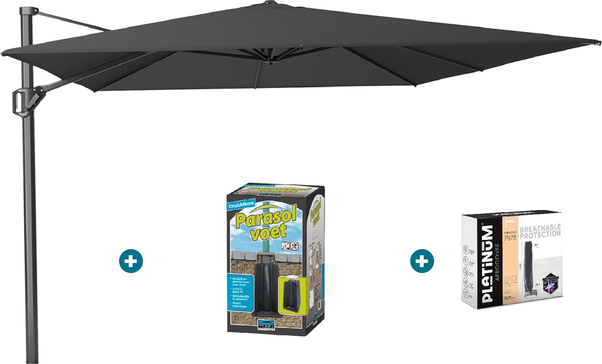 Platinum Challenger zweefparasol T1 Premium 4x3 m. - Faded Black - met ingraafvoet en hoes