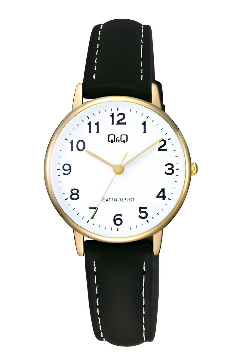 QQ C65A-003PY-Horloge-Dames-Goudkleurig-Duidelijke wijzerplaat-Zwart lederen band