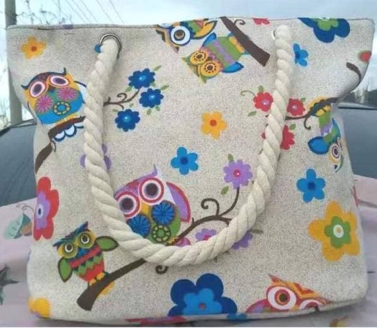 V&P Strandtas - met rits - Uil met bloemen - Beachbag - Schoudertas - Tas - Bag - Shopper