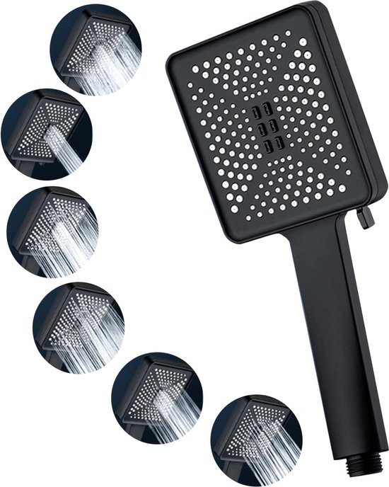 Luxe Waterbesparende Douchekop Zwart Vierkant 6 Straalsoorten