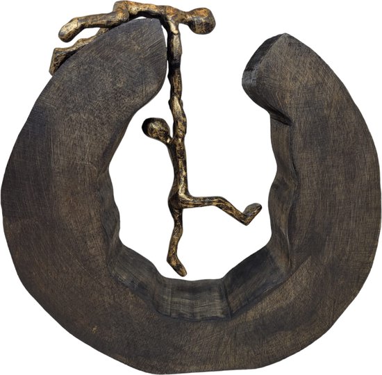 Gilde handwerk - Sculptuur van hout donker - teamwork - samenwerken- Hout en metaal - h 30 cm b 6cm - handgemaakt