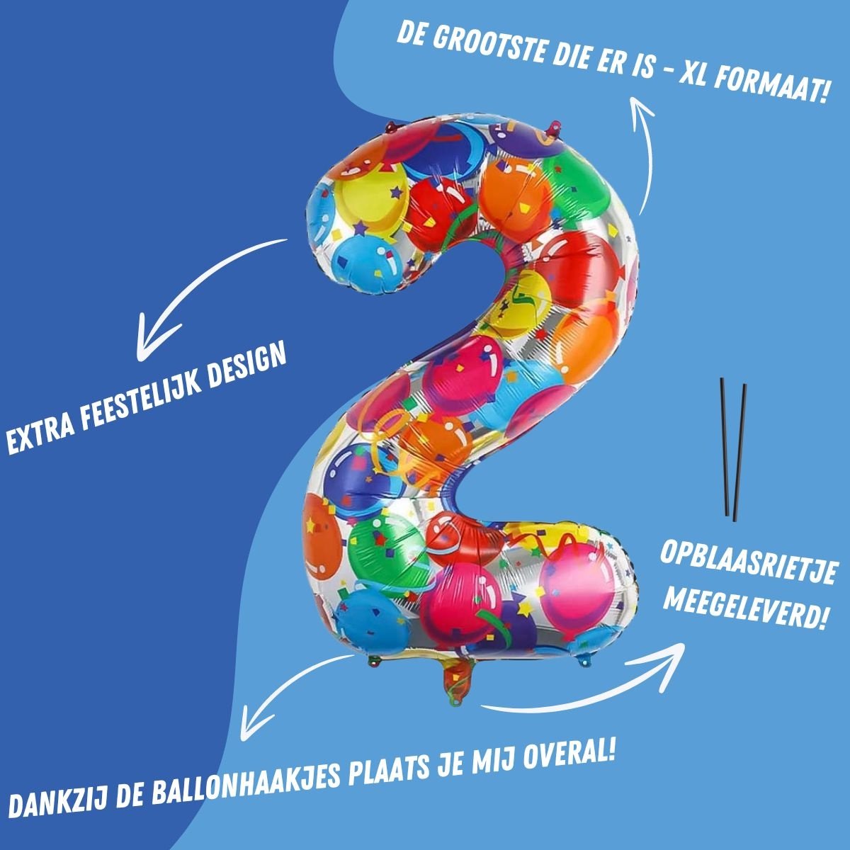 Folieballon Cijfer 2 Jaar Verjaardag Versiering Cijferballon Feest Decoratie Helium Ballonnen Folie Gekleurd - Xl — afbeelding 2