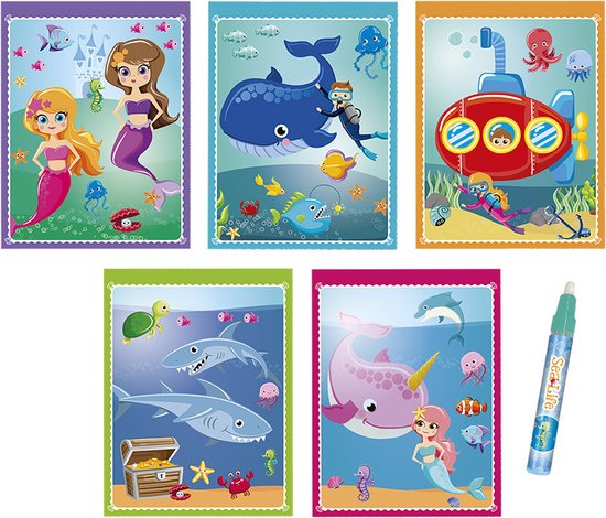 Cinq pages de coloriage magiques à l'eau avec des sirènes, une baleine, un requin, un sous-marin et un dauphin.