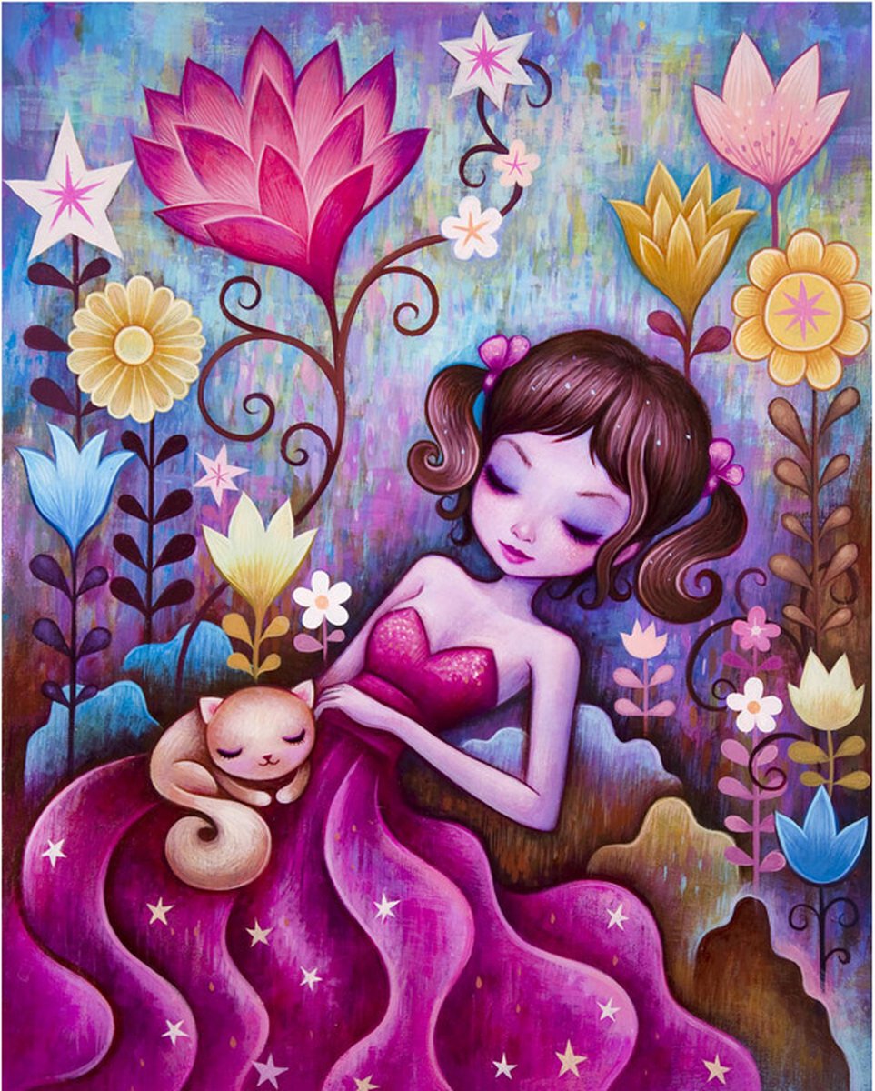 Bi2L Diamond Painting Set Jonge Vrouw in Jurk Tussen Bloemen & Slapend Poesje incl. Pen & Wax 40x50cm