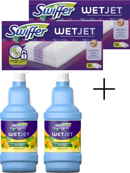 Swiffer WetJet Système de nettoyage tout-en-un 2 bouteilles de recharge 1,25 L - Agent nettoyant et 20 Lingettes démaquillantes