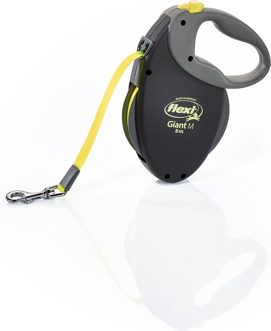 Zwarte Flexi Giant M hondenriem met gele tape en zilveren clip, 8 meter.