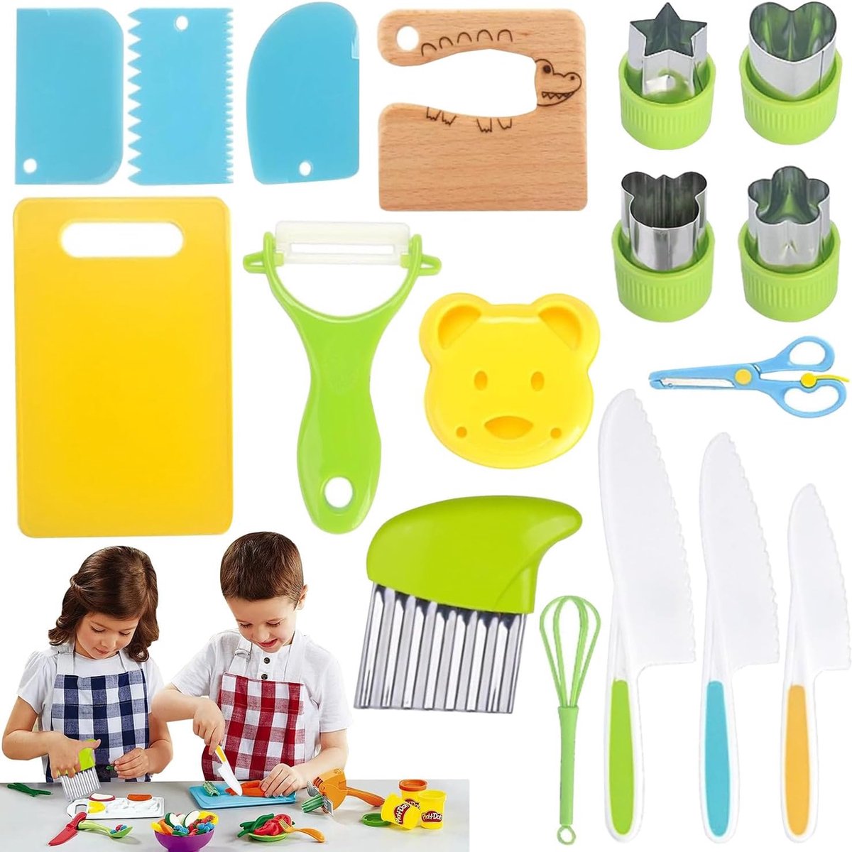 17 Pcs Couteau Enfant avec Planche Découpe & Éplucher, Kit Couteaux Sécurité Cuisine Enfants,Ustensiles Cuisiner Bebe,Outil Cuire Bois Ne Coupe Pas pour Enfants Partir 2 Ans Couper Fruits,Pain,Légumes