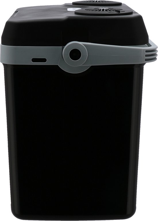 Zwarte Travellife koelbox met grijze handgreep, close-up.