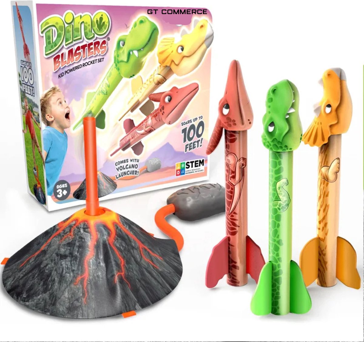 GT Dinosaurus Stamp Raket schieten - Inclusief 3 dinosaurussen - stamp rocket Speelset met Vulkaan Lanceerstation - Buitenspeelgoed Speelset voor Kinderen rage 2023 - Speelgoed 3 jaar 4 jaar