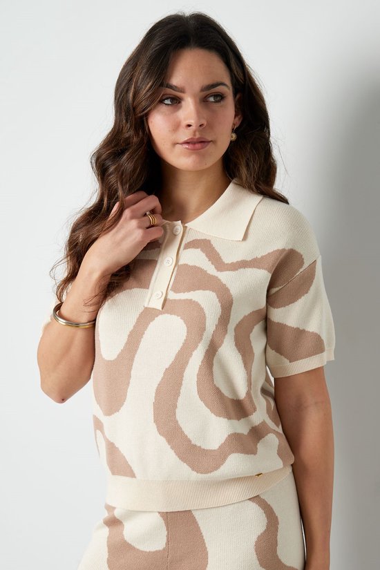 Top organische strepen print - polo - dames - gebreid - nieuwe collectie - lente/zomer - beige - maat L