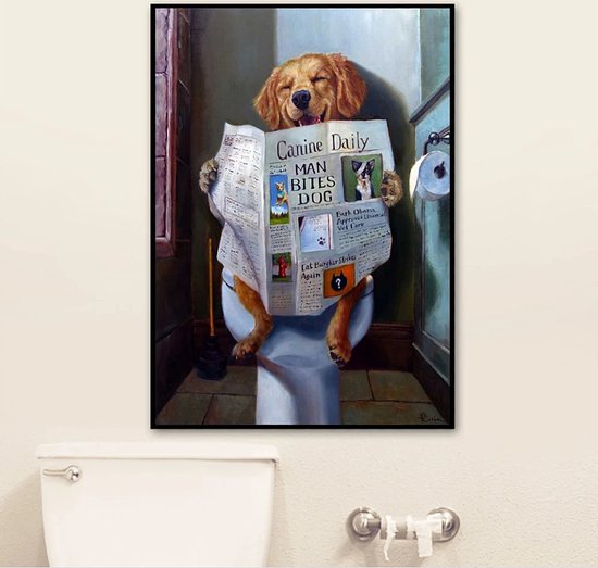 Allernieuwste.nl® Canvas Schilderij Grappige Hond Leest Krant Op WC - Humor - kleur - 50 x 70 cm - Toilet