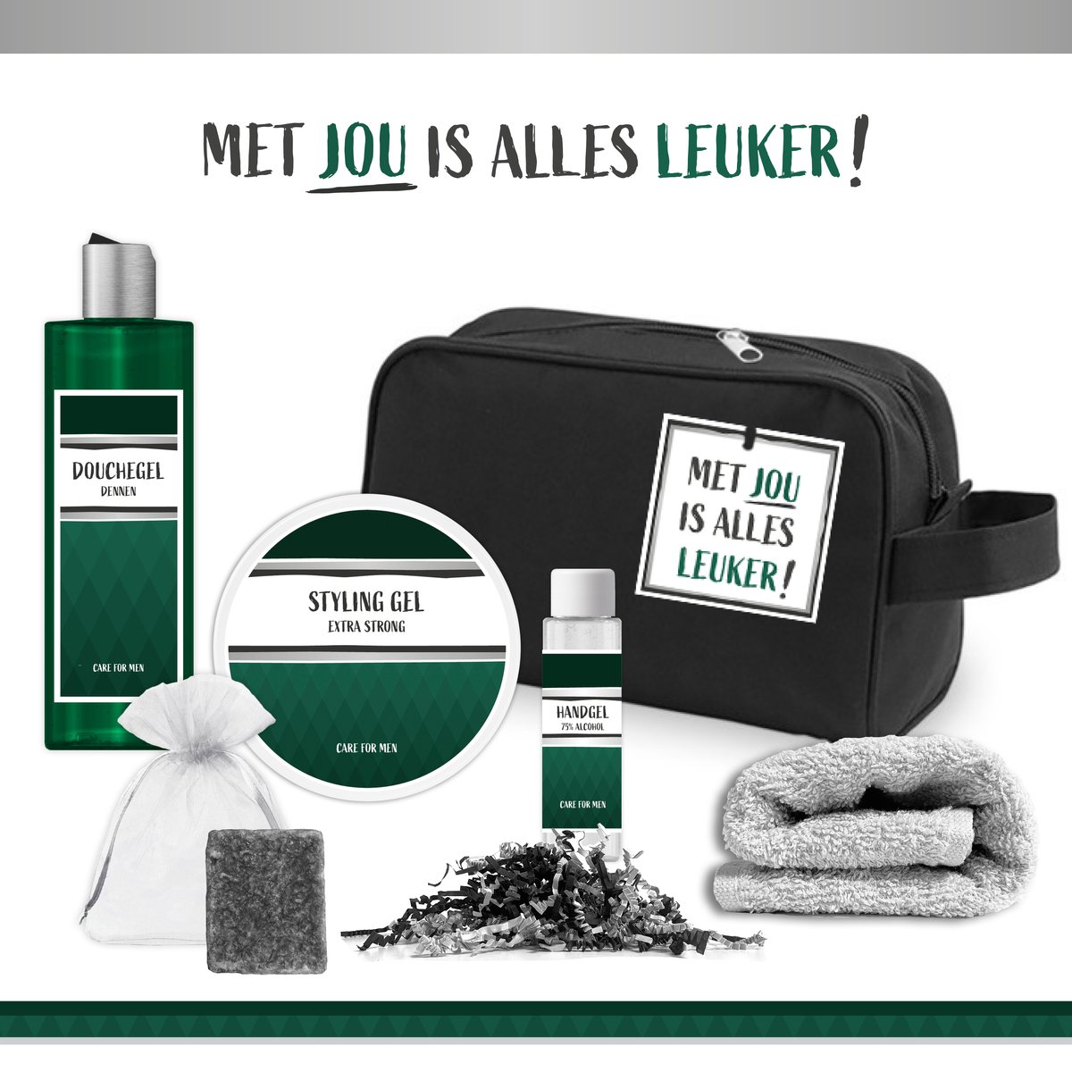 Goedkoopste Geschenkset Met jou is alles leuker! - 6 Producten - 730 Gram | Toilettas zwart - Giftset voor hem - Luxe cadeau man - Verjaardag - Wellness Pakketje - Douchegel Dennen - Styling gel - Cadeautje Vaderdag - Vader - Broer - Vriend - Collega - Groen