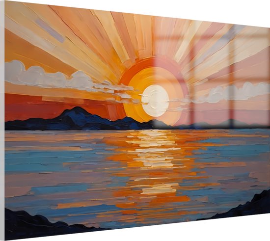 Zonsondergang Jugendstil stijl schilderij - Jugendstil schilderij op glas - Schilderij op glas zon - Muurdecoratie klassiek - Plexiglas schilderij - Decoratie woonkamer - 90 x 60 cm 5mm