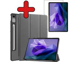 Hoesje - Geschikt voor Lenovo Tab P12 - Met Screenprotector - Trifold Bookcase Hoes - Hard Cover Case - Met Uitsparing Geschikt voor Lenovo Pen - Hardcover Book - Tablethoes - Grijs