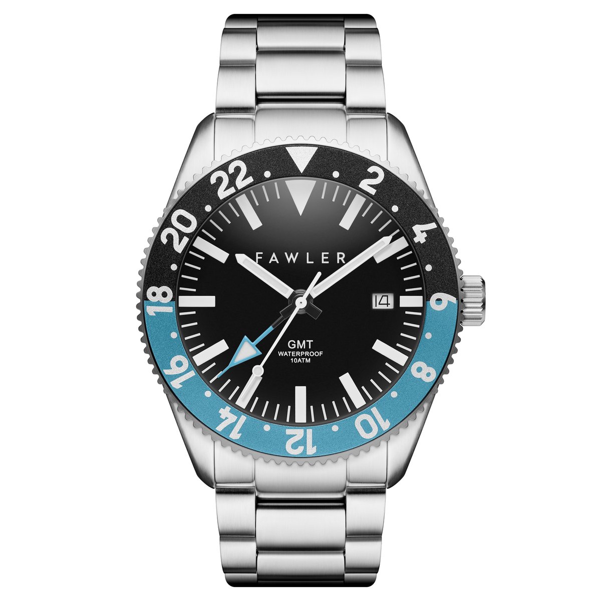 Fawler Métier Blauwe Roestvrijstalen GMT Horloge voor Mannen