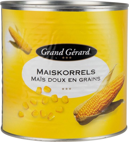 Gele blik met afbeeldingen van maïskolven en losse maïskorrels. Grand Gérard Maïskorrels Maïs Doux en Grains.