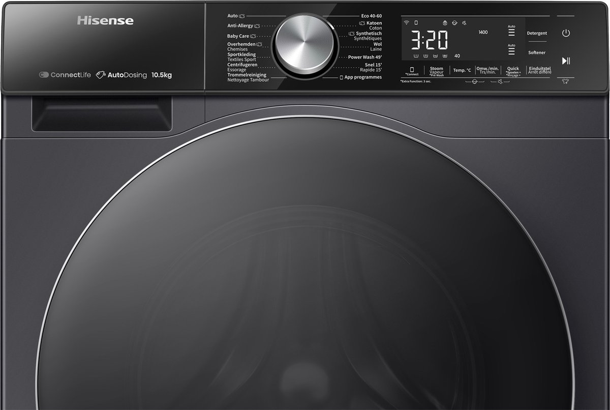 Hisense 5S Serie WF5S1045BB - Wasmachine met Energielabel A - 10,5kg - Auto dosing - 72dB (A) - Steam Wash -1400 toeren - Power Wash 49' - Connectlife — afbeelding 5