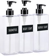 Transparante vierkante fles, 500 ml, set van 3 lotiondispensers met waterdichte etiketten, plastic zeepdispenser met pomp voor badkamer, shampoo-wasmiddeldispenser om te vullen