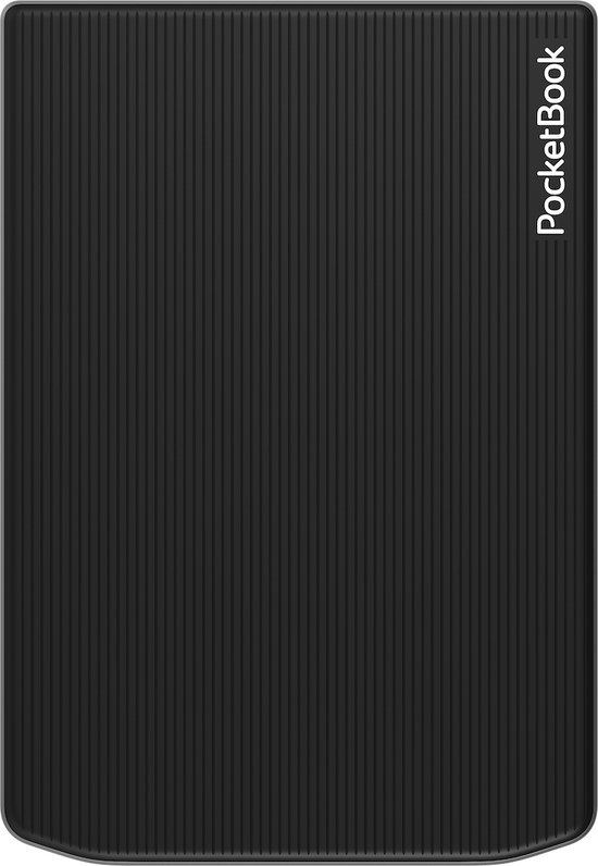 Zwarte PocketBook e-reader met een verticale ribbelpatroon op de achterkant.
